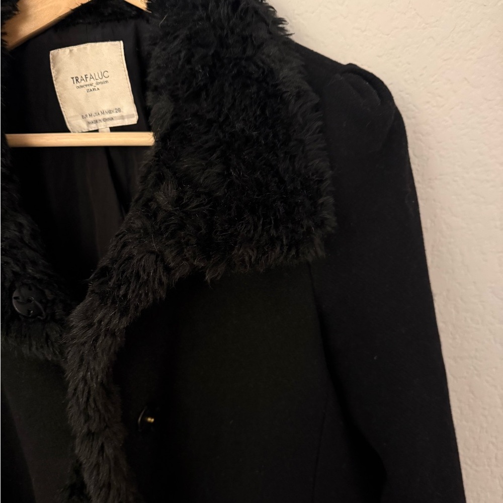 Zara Black Faux Fur Collar Coat Medium - Picture 6 of 7
